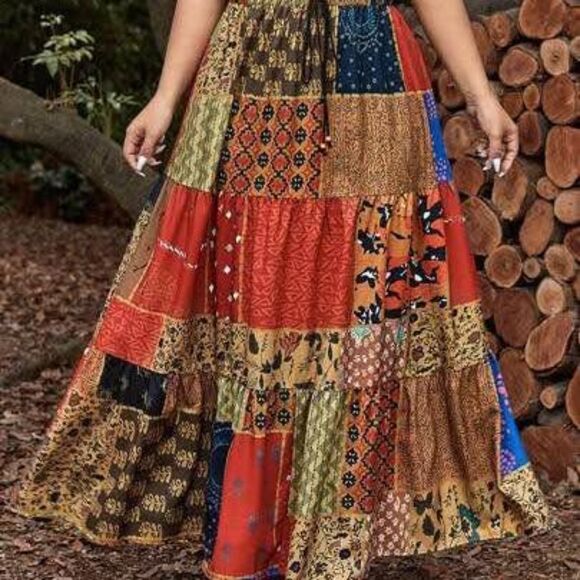 NEW Women’s Plus Size Patchwork Printed Waist Tie Skirt With Ruffle Trim - Picture 2 of 6